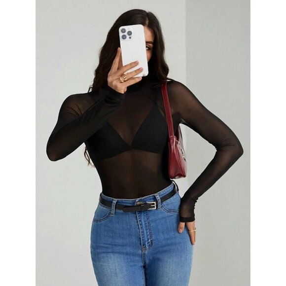 Women Black Long Sleeve Mock Neck Fitted Sexy See Through Going Out Mesh Tops - Picture 2 of 6